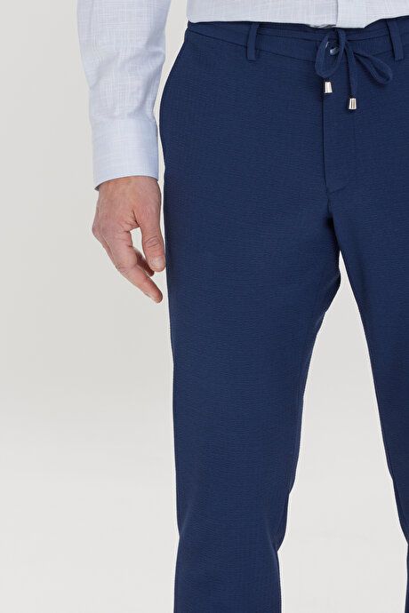 Slim Fit Slim Fit Slim Fit Waist Tie Side Pocket Seersucker Navy Blue Trousers ET0124200027LAC