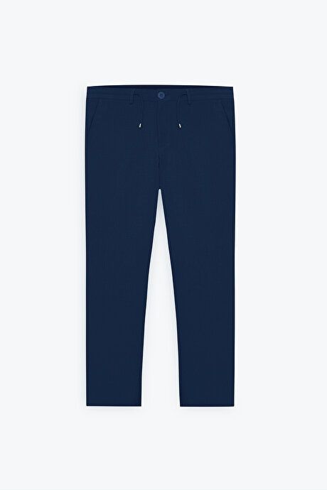 Slim Fit Slim Fit Slim Fit Waist Tie Side Pocket Seersucker Navy Blue Trousers ET0124200027LAC