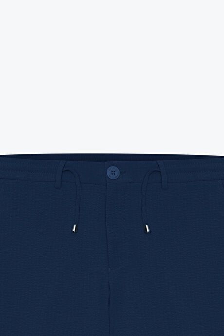 Slim Fit Slim Fit Slim Fit Waist Tie Side Pocket Seersucker Navy Blue Trousers ET0124200027LAC