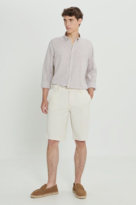 Comfort Fit Relaxed Fit 100% Cotton Striped Side Pocket Gray-Ecru Shorts ET0224200001GRE