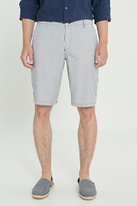 Comfort Fit Relaxed Fit 100% Cotton Striped Side Pocket Navy-Ecru Shorts ET0224200001LEC