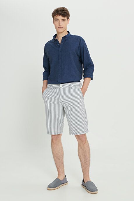 Comfort Fit Relaxed Fit 100% Cotton Striped Side Pocket Navy-Ecru Shorts ET0224200001LEC