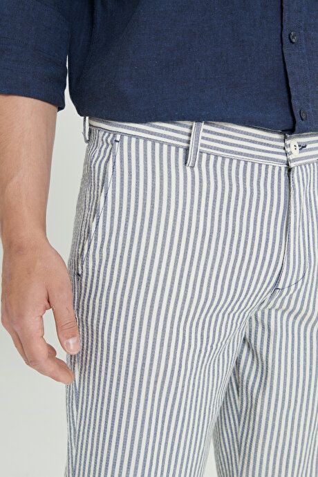 Comfort Fit Relaxed Fit 100% Cotton Striped Side Pocket Navy-Ecru Shorts ET0224200001LEC