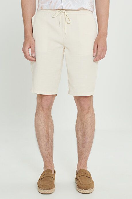 Comfort Fit Relaxed Fit Honeycomb Patterned Side Pocket Cotton Beige Shorts ET0224200003BEJ