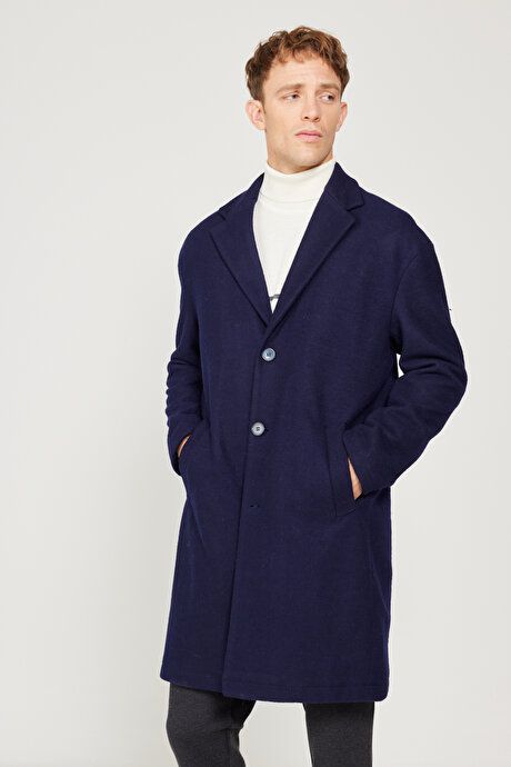 Oversized Loose Fit Mono Collar Wool Cashmere Navy Blue Overcoat ET0524100201LAC