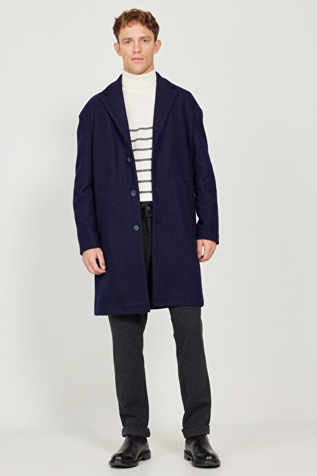 Oversized Loose Fit Mono Collar Wool Cashmere Navy Blue Overcoat ET0524100201LAC