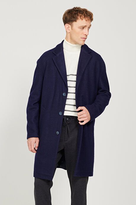 Oversized Loose Fit Mono Collar Wool Cashmere Navy Blue Overcoat ET0524100201LAC