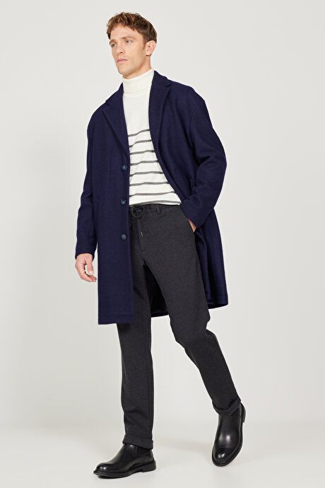 Oversized Loose Fit Mono Collar Wool Cashmere Navy Blue Overcoat ET0524100201LAC