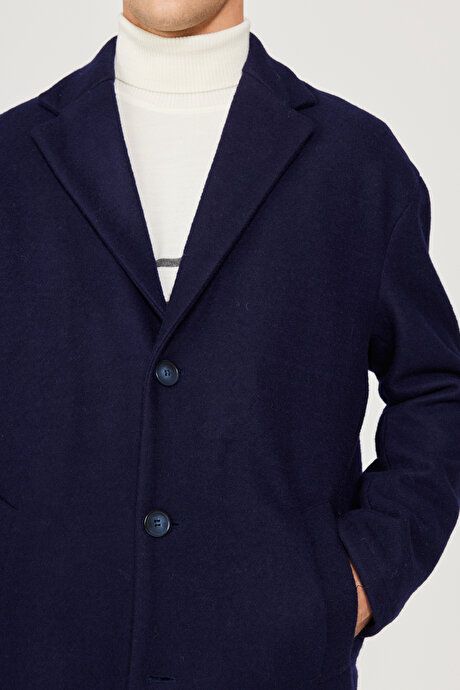 Oversized Loose Fit Mono Collar Wool Cashmere Navy Blue Overcoat ET0524100201LAC