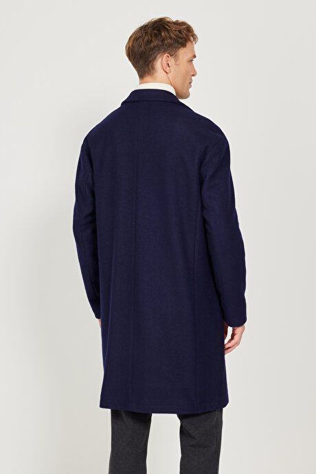 Oversized Loose Fit Mono Collar Wool Cashmere Navy Blue Overcoat ET0524100201LAC