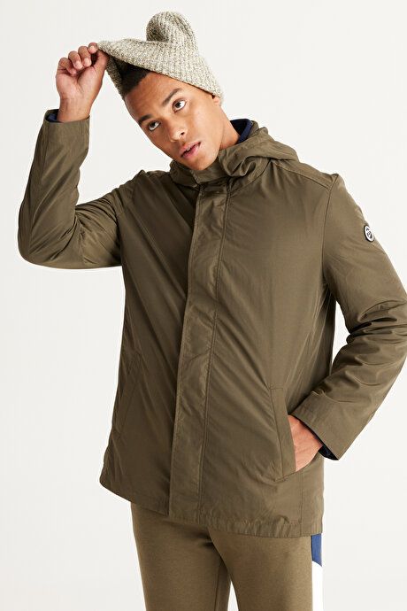 Standard Fit Regular Fit Windproof Hooded Stand-up Collar Khaki Trench Coat ET0624100100201HAK