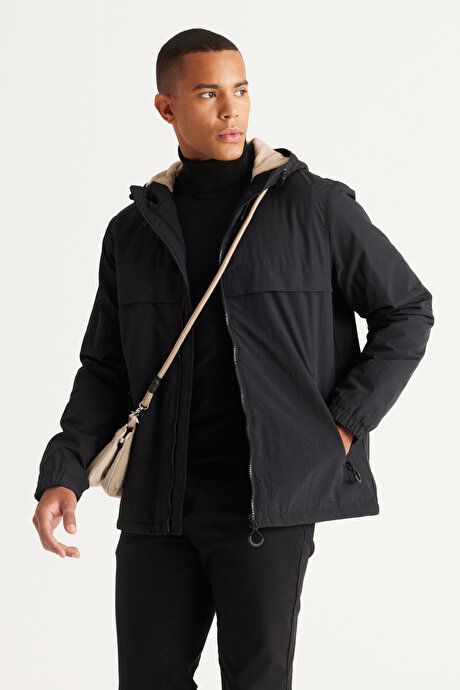 Standard Fit Regular Fit Hooded Collar Black Coat with Side Pockets ET0824100210SYH