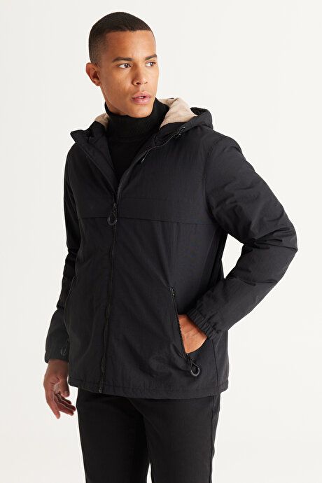 Standard Fit Regular Fit Hooded Collar Black Coat with Side Pockets ET0824100210SYH