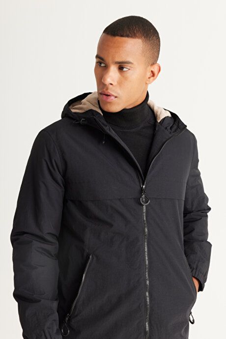 Standard Fit Regular Fit Hooded Collar Black Coat with Side Pockets ET0824100210SYH