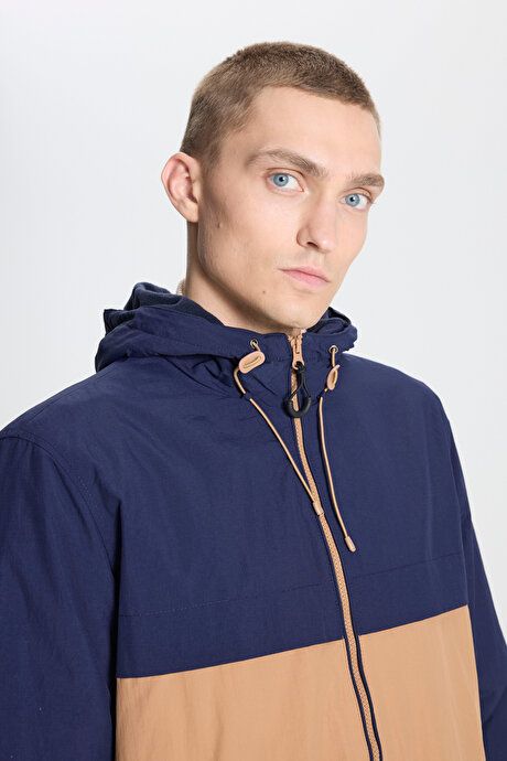 Standard Fit Regular Fit Stand Collar Cold Proof Fleece Navy Blue-Mink Coat ET0824100212LVZ