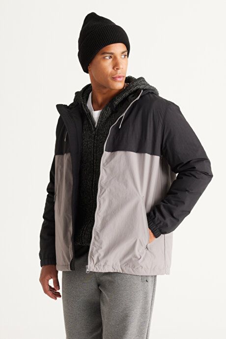 Standard Fit Regular Fit Stand Collar Cold Proof Fleece Black-Gray Coat ET0824100212syg