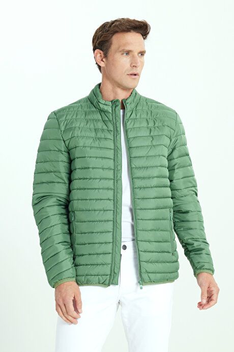 Warm Standard Fit Regular Fit Stand Up Collar Green Coat with Side Pockets ET0825100001YSL