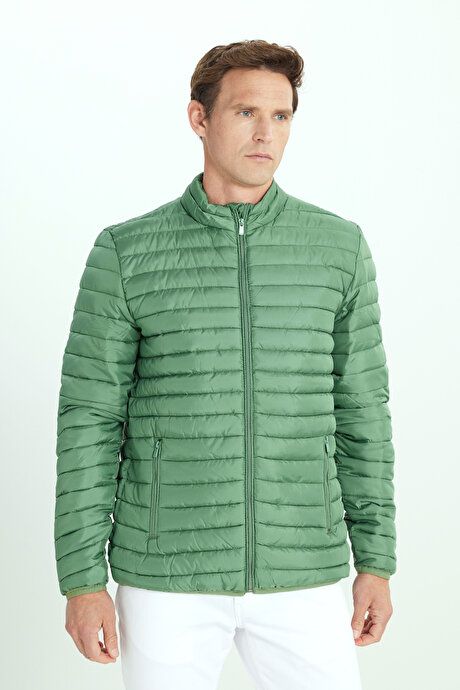 Warm Standard Fit Regular Fit Stand Up Collar Green Coat with Side Pockets ET0825100001YSL