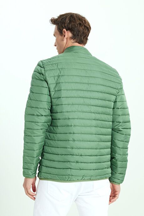 Warm Standard Fit Regular Fit Stand Up Collar Green Coat with Side Pockets ET0825100001YSL