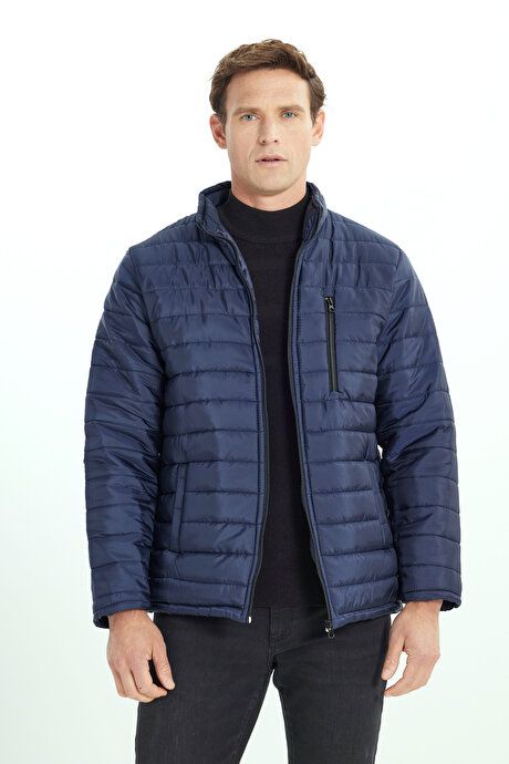 Warm Standard Fit Regular Fit Stand Collar Navy Blue Coat with Side Pockets ET0825100002LAC