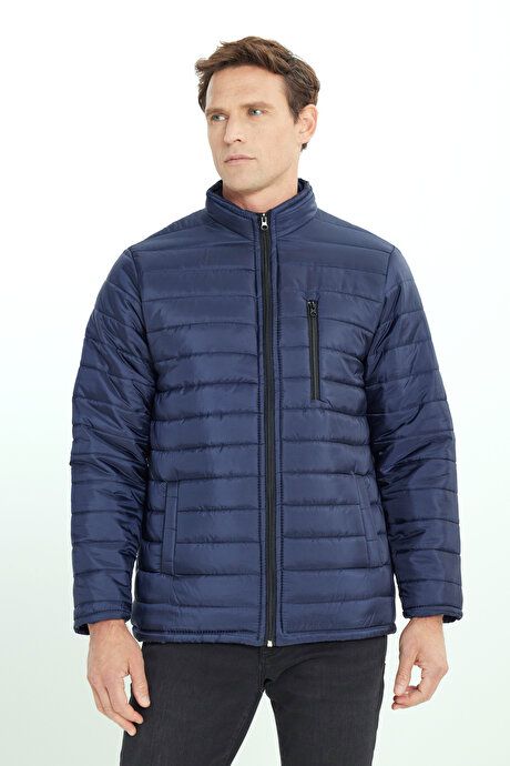 Warm Standard Fit Regular Fit Stand Collar Navy Blue Coat with Side Pockets ET0825100002LAC