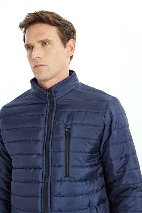 Warm Standard Fit Regular Fit Stand Collar Navy Blue Coat with Side Pockets ET0825100002LAC