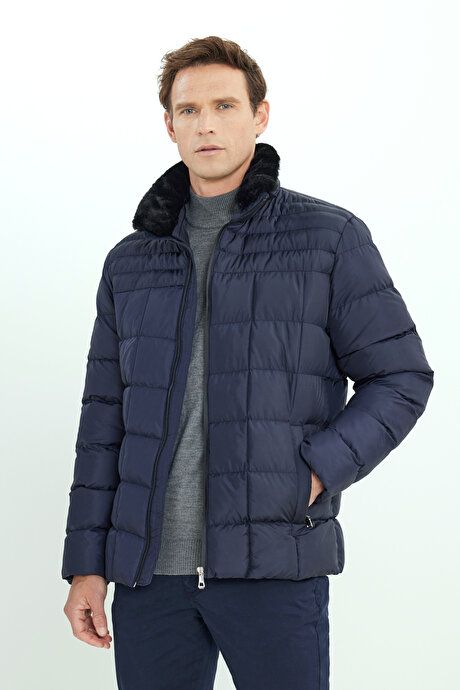 Warm Fiber Filled Standard Fit Regular Fit Stand-up Collar Side Pocket Inflatable Navy Blue Coat ET0825100003LAC