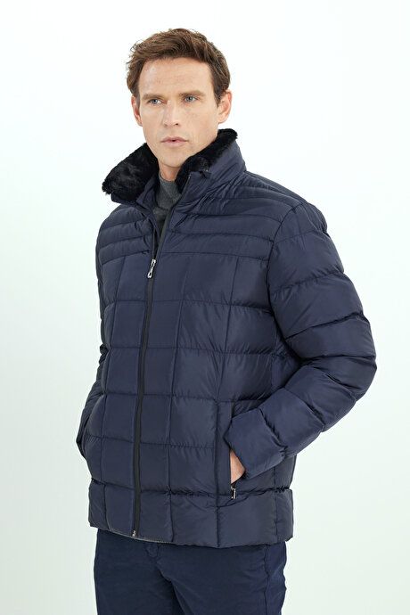 Warm Fiber Filled Standard Fit Regular Fit Stand-up Collar Side Pocket Inflatable Navy Blue Coat ET0825100003LAC