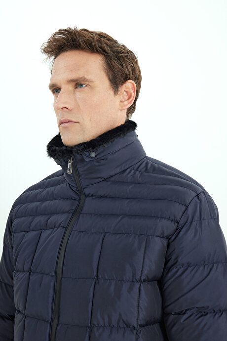 Warm Fiber Filled Standard Fit Regular Fit Stand-up Collar Side Pocket Inflatable Navy Blue Coat ET0825100003LAC