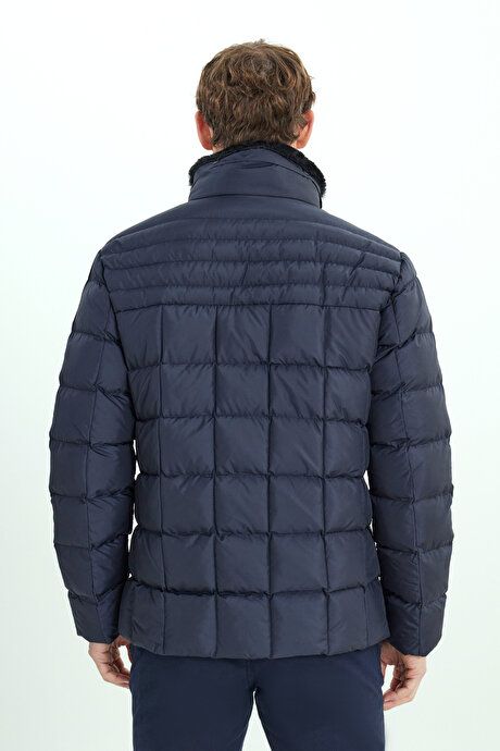 Warm Fiber Filled Standard Fit Regular Fit Stand-up Collar Side Pocket Inflatable Navy Blue Coat ET0825100003LAC