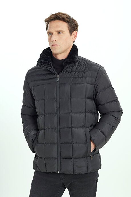 Standard Fit Regular Cut Stand Up Collar Side Pocket Inflatable Black Coat with Warm Fiber Filling ET0825100003SYH