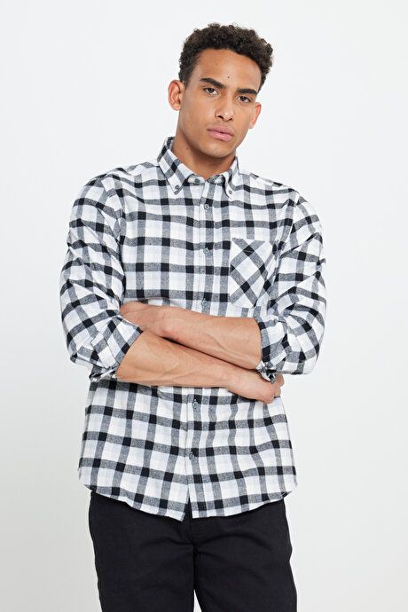 Slim Fit Slim Fit Button-down Collar Winter Flannel Lumberjack Black-Gray Shirt ET2024100018syg