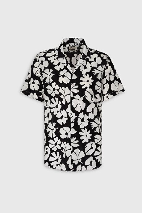 Slim Fit Slim Fit Cuban Collar Short Sleeve Printed Black and White Shirt ET2024200103SYB