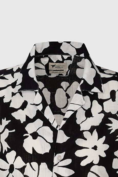 Slim Fit Slim Fit Cuban Collar Short Sleeve Printed Black and White Shirt ET2024200103SYB