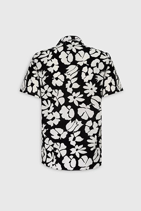 Slim Fit Slim Fit Cuban Collar Short Sleeve Printed Black and White Shirt ET2024200103SYB