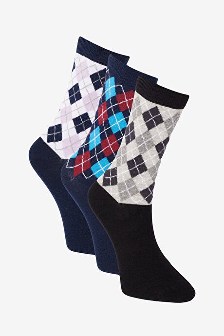 Cotton Patterned 3-Piece Socket Navy-Grey Socks ET2524103P09LAG