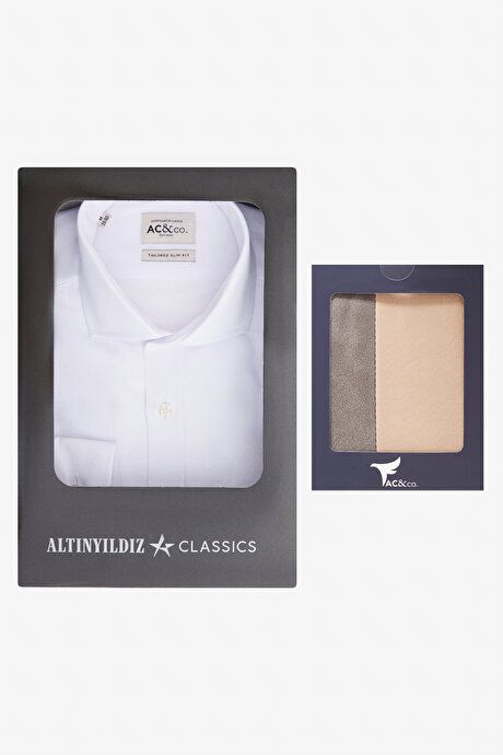 Slim Fit Slim Fit Cotton Classic Collar Dobby Shirt with Special Gift Box-Wallet with Card Compartment WHITE VISON ANTRASITE SHIRT SET ET4124200062BVA