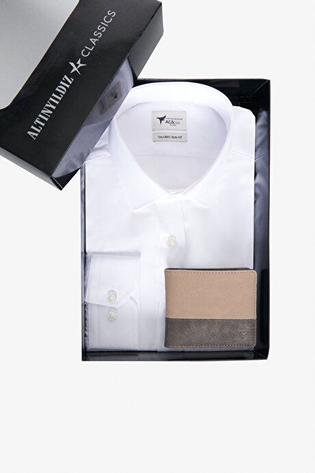 Slim Fit Slim Fit Cotton Classic Collar Dobby Shirt with Special Gift Box-Wallet with Card Compartment WHITE VISON ANTRASITE SHIRT SET ET4124200062BVA