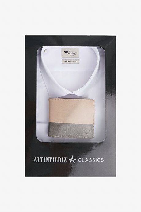 Slim Fit Slim Fit Cotton Classic Collar Dobby Shirt with Special Gift Box-Wallet with Card Compartment WHITE VISON ANTRASITE SHIRT SET ET4124200062BVA