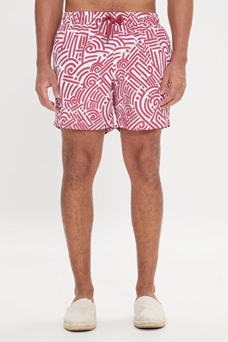 Standard Fit Regular Fit Quick Drying Patterned White Red Swimwear Sea Shorts with Pockets ET4724200007BYR