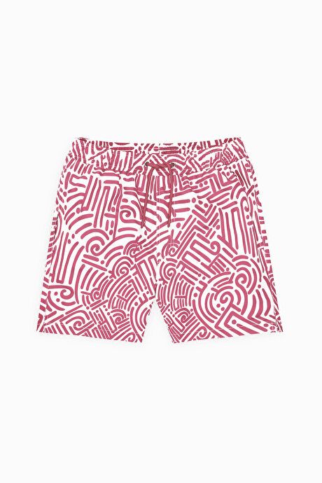 Standard Fit Regular Fit Quick Drying Patterned White Red Swimwear Sea Shorts with Pockets ET4724200007BYR