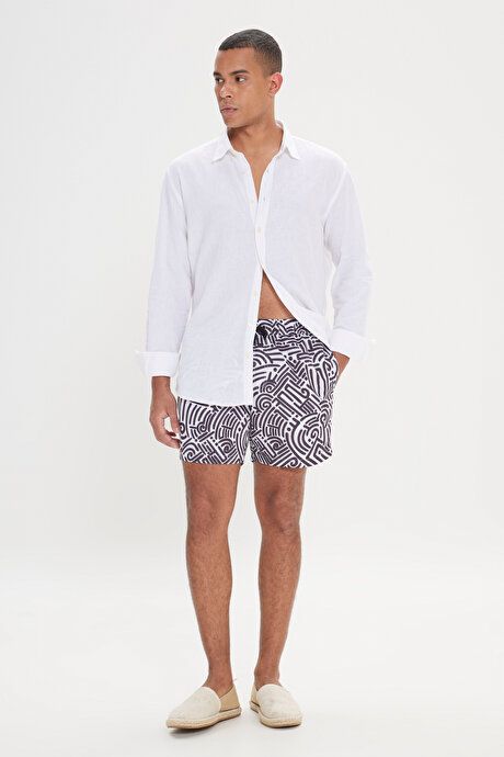 Standard Fit Regular Fit Quick Drying Patterned White-Black Swimwear Sea Shorts with Pockets ET4724200007BYS