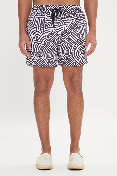 Standard Fit Regular Fit Quick Drying Patterned White-Black Swimwear Sea Shorts with Pockets ET4724200007BYS