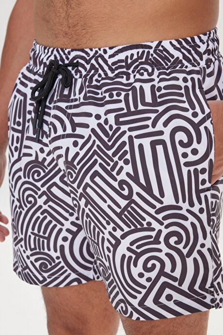 Standard Fit Regular Fit Quick Drying Patterned White-Black Swimwear Sea Shorts with Pockets ET4724200007BYS