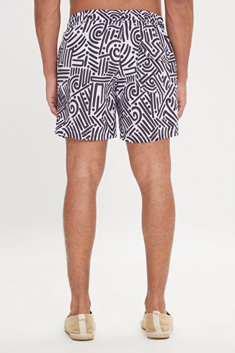 Standard Fit Regular Fit Quick Drying Patterned White-Black Swimwear Sea Shorts with Pockets ET4724200007BYS