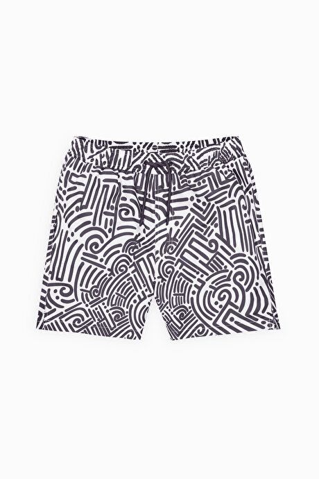 Standard Fit Regular Fit Quick Drying Patterned White-Black Swimwear Sea Shorts with Pockets ET4724200007BYS