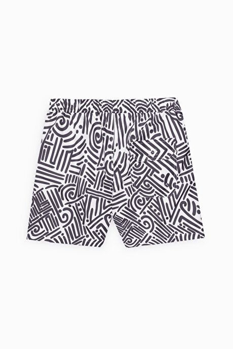 Standard Fit Regular Fit Quick Drying Patterned White-Black Swimwear Sea Shorts with Pockets ET4724200007BYS