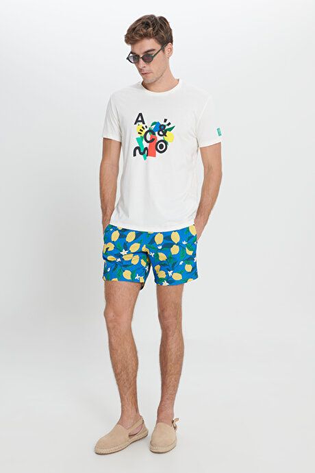 Standard Fit Regular Fit Quick Drying Patterned Blue-Yellow Swimsuit Sea Shorts with Pockets ET4724200009MSR