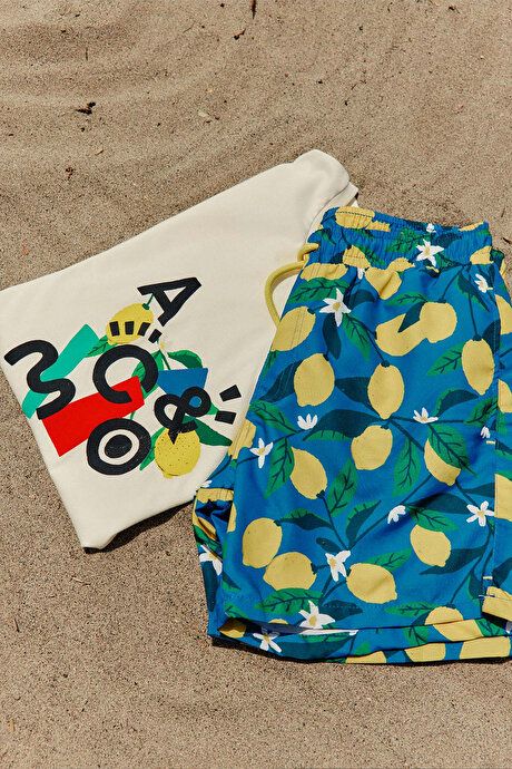 Standard Fit Regular Fit Quick Drying Patterned Blue-Yellow Swimsuit Sea Shorts with Pockets ET4724200009MSR