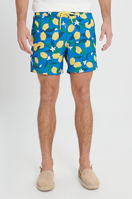 Standard Fit Regular Fit Quick Drying Patterned Blue-Yellow Swimsuit Sea Shorts with Pockets ET4724200009MSR